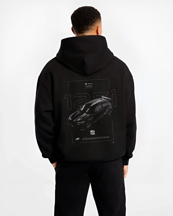 Black hoodie worn by a male model, back view, featuring BMW 750I rs turbo motorsport euro german street graphic.