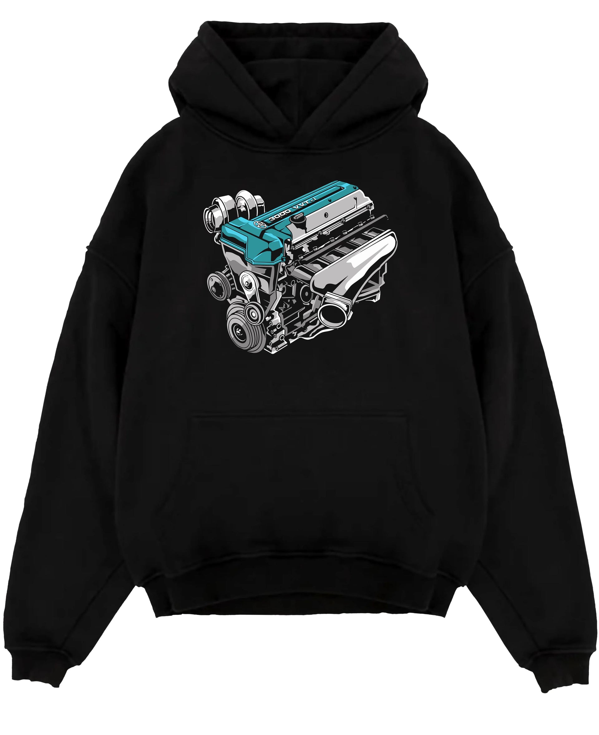 Black pullover hoodie laid flat on a white background, featuring Toyota Supra turbo 2jz racing jdm street power enthusiast graphic.