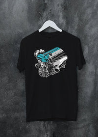 Black crewneck sweatshirt on a hanger against a grey wall, featuring Toyota Supra turbo 2jz racing jdm street power graphic.