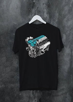 Black crewneck sweatshirt on a hanger against a grey wall, featuring Toyota Supra turbo 2jz racing jdm street power graphic.