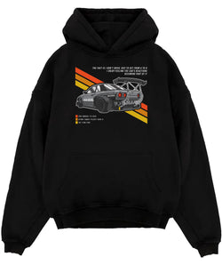 Black pullover hoodie laid flat on a white background, featuring Nissan 370Z turbo turbocharged racing drift jdm japanese 370zsp.