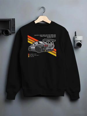 Black T-shirt laid flat with natural fabric folds, featuring Nissan 370Z turbo turbocharged racing drift jdm japanese tuner graphic.
