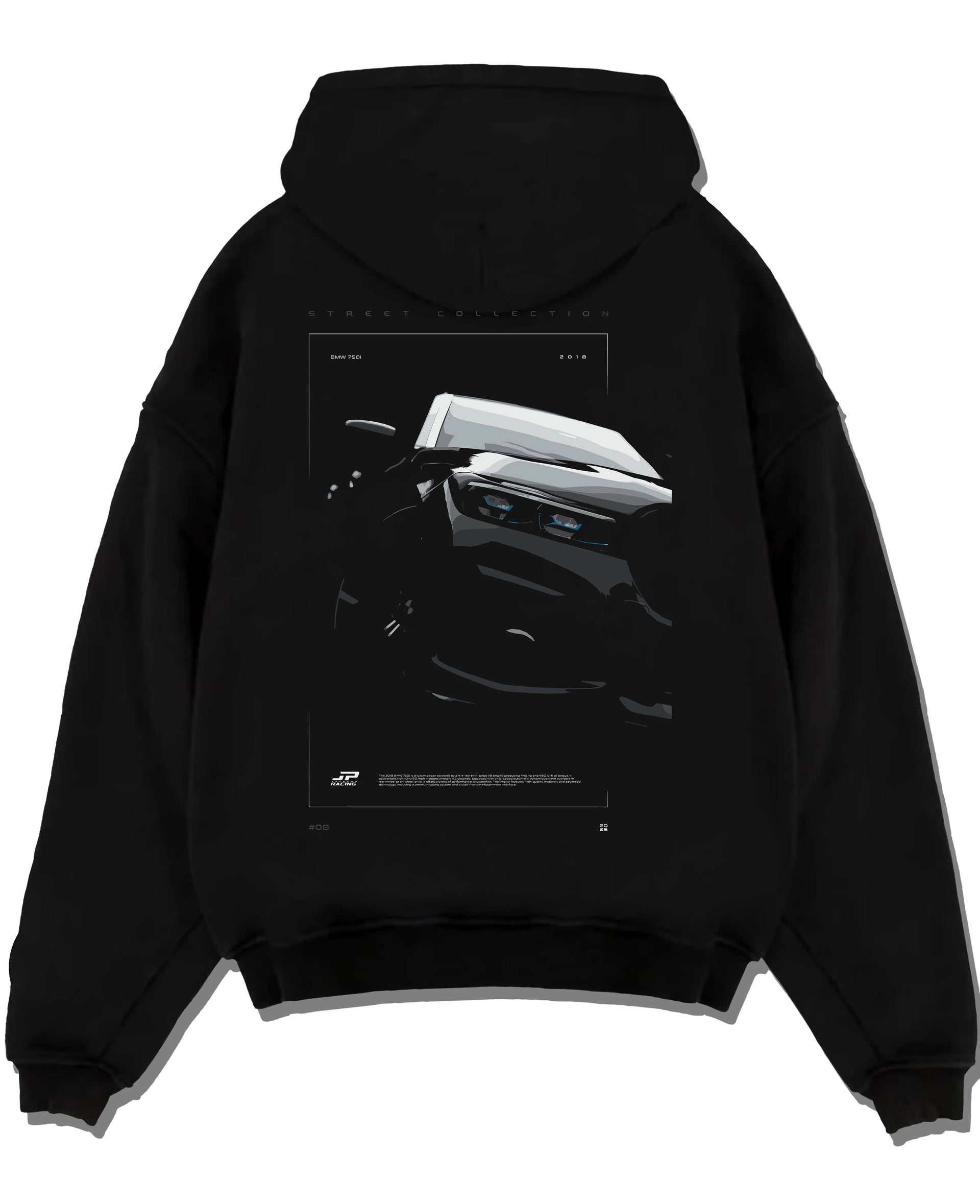 Black pullover hoodie laid flat on a white background, featuring BMW 750I rs turbo motorsport euro german street graphic.