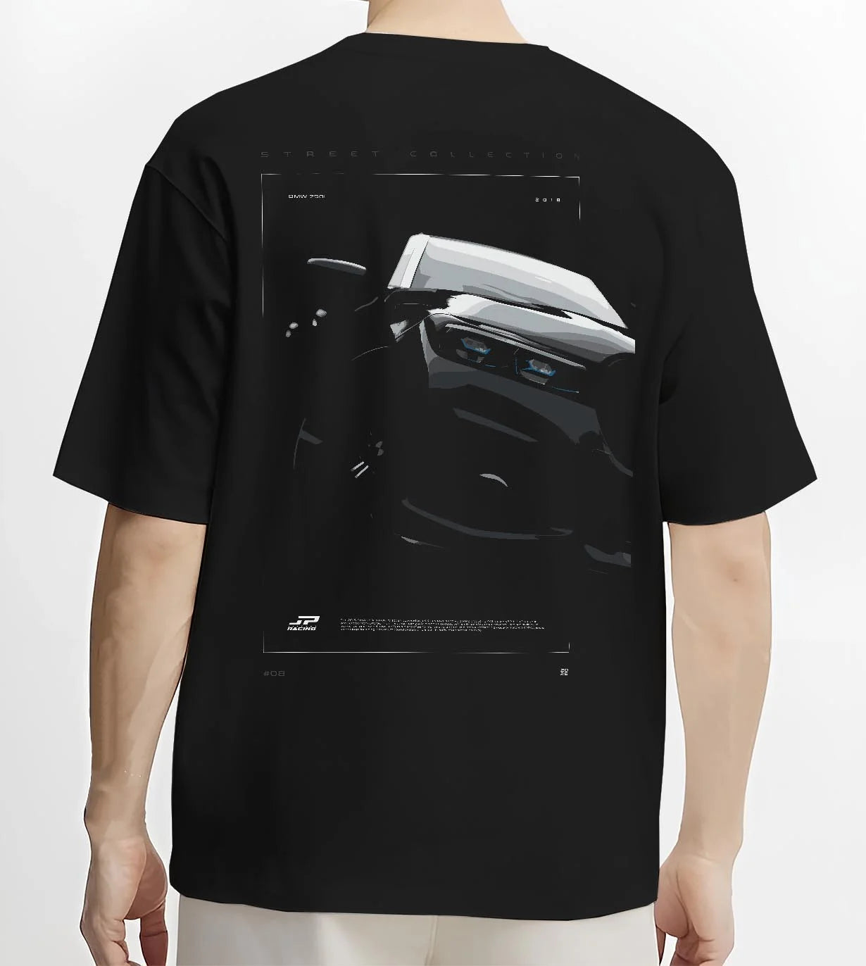 Black T-shirt worn by a male model, back view, featuring BMW 750I rs turbo motorsport euro german street graphic.