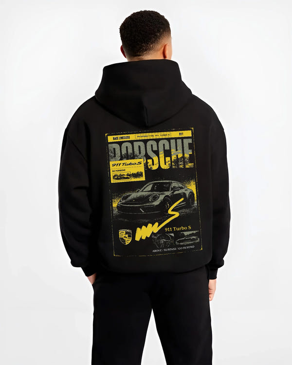 Black hoodie worn by a male model, back view, featuring Porsche 911 Turbo S rs 911 turbo racing german street classic graphic.