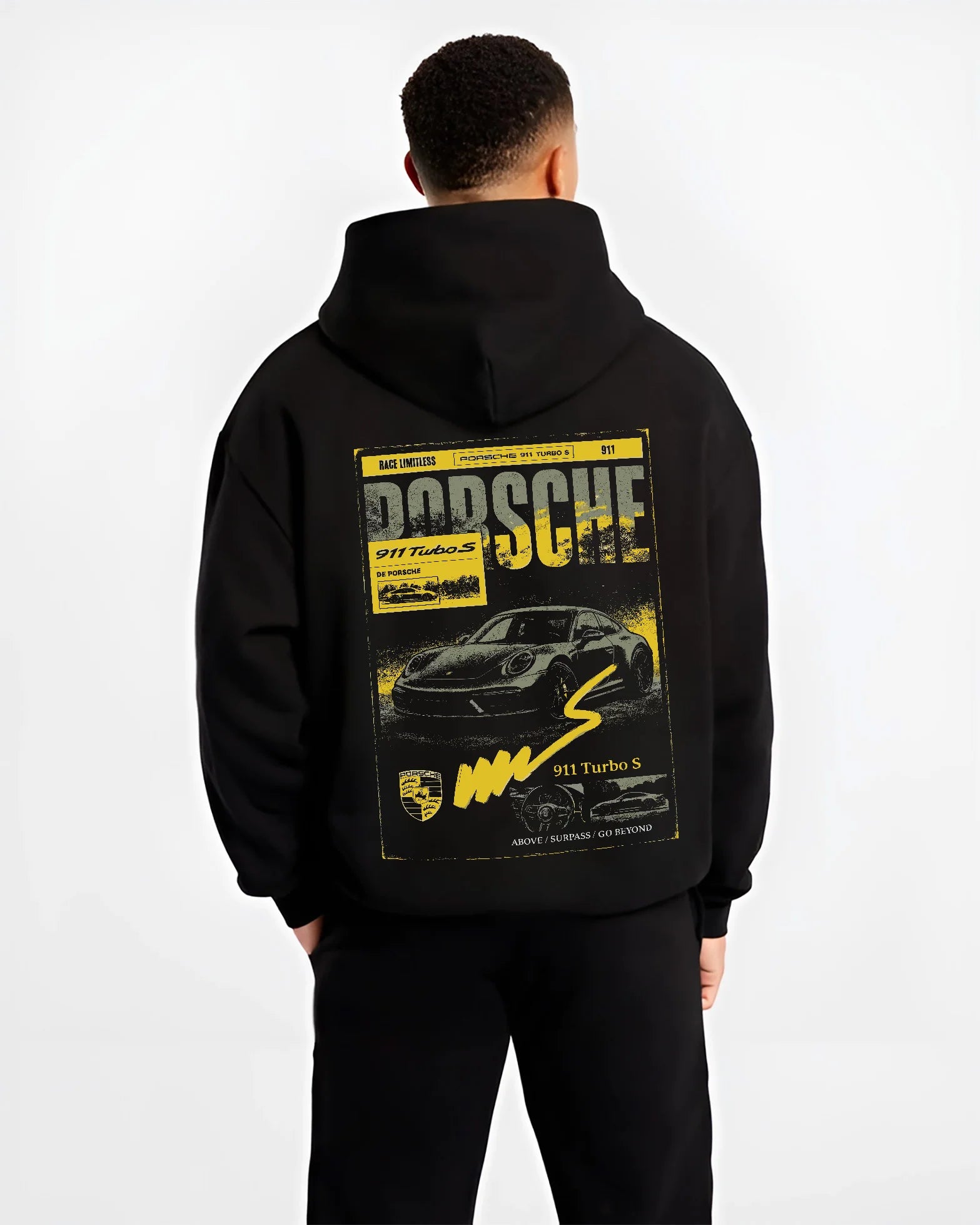 Black hoodie worn by a male model, back view, featuring Porsche 911 Turbo S rs 911 turbo racing german street classic graphic.
