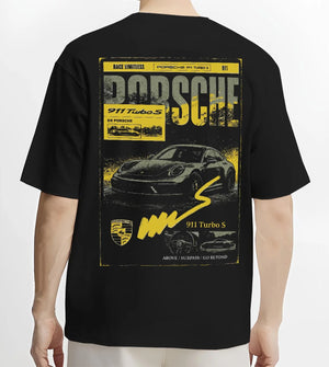 Black T-shirt worn by a male model, back view, featuring Porsche 911 Turbo S rs 911 turbo racing german street classic graphic.