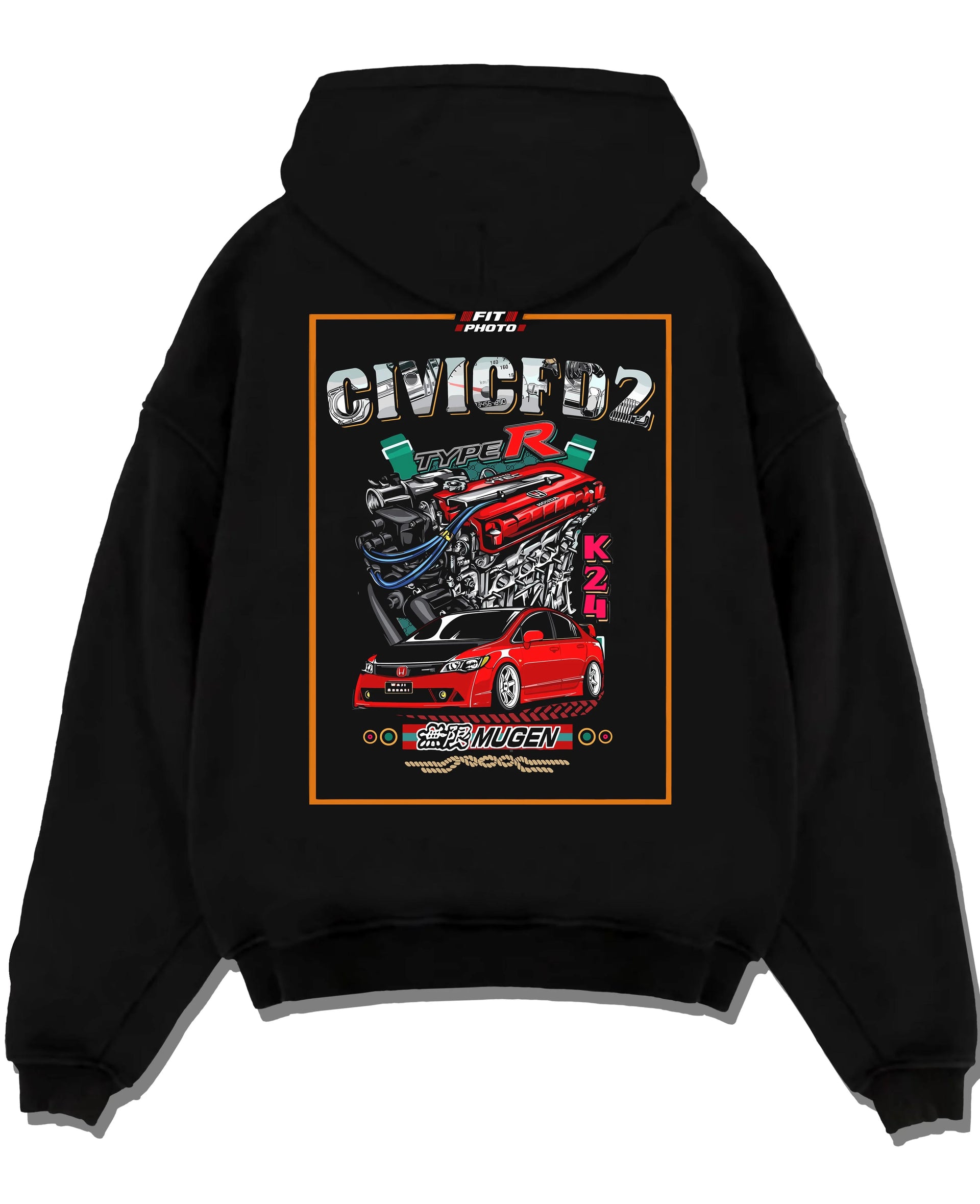 Black pullover hoodie laid flat on a white background, featuring Honda Accord rs motorsport street retro classic racing graphic.