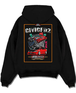 Black pullover hoodie laid flat on a white background, featuring Honda Accord rs motorsport street retro classic racing graphic.