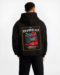 Black hoodie worn by a male model, back view, featuring Honda Accord rs motorsport street retro classic racing graphic.