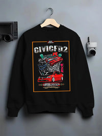 Black crewneck sweatshirt on a hanger against a grey wall, featuring Honda Accord rs motorsport street retro classic racing graphic.