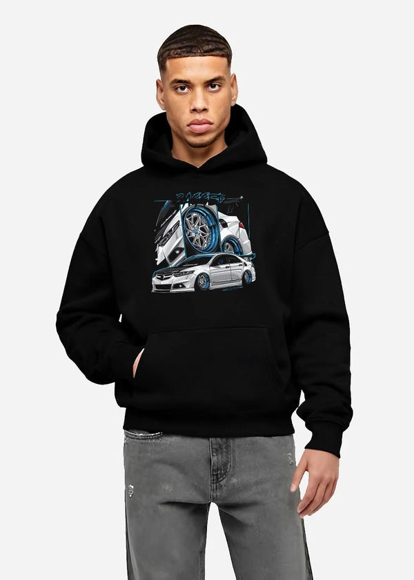 Black hoodie worn by a male model, front view, featuring ACURA jdm tuning stance slammed bagged street enthusiast graphic.
