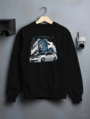Black crewneck sweatshirt on a hanger against a grey wall, featuring ACURA jdm tuning stance slammed bagged street graphic.