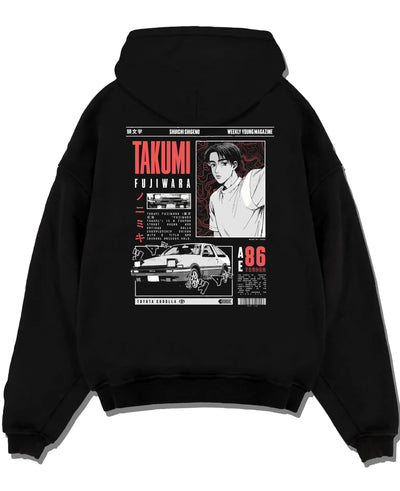 Black pullover hoodie laid flat on a white background, featuring AE86 racing drift japanese initial d street retro graphic.