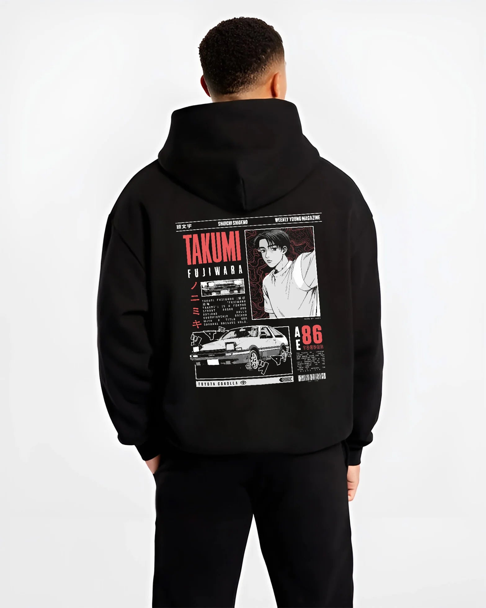 Black hoodie worn by a male model, back view, featuring AE86 racing drift japanese initial d street retro performance graphic.