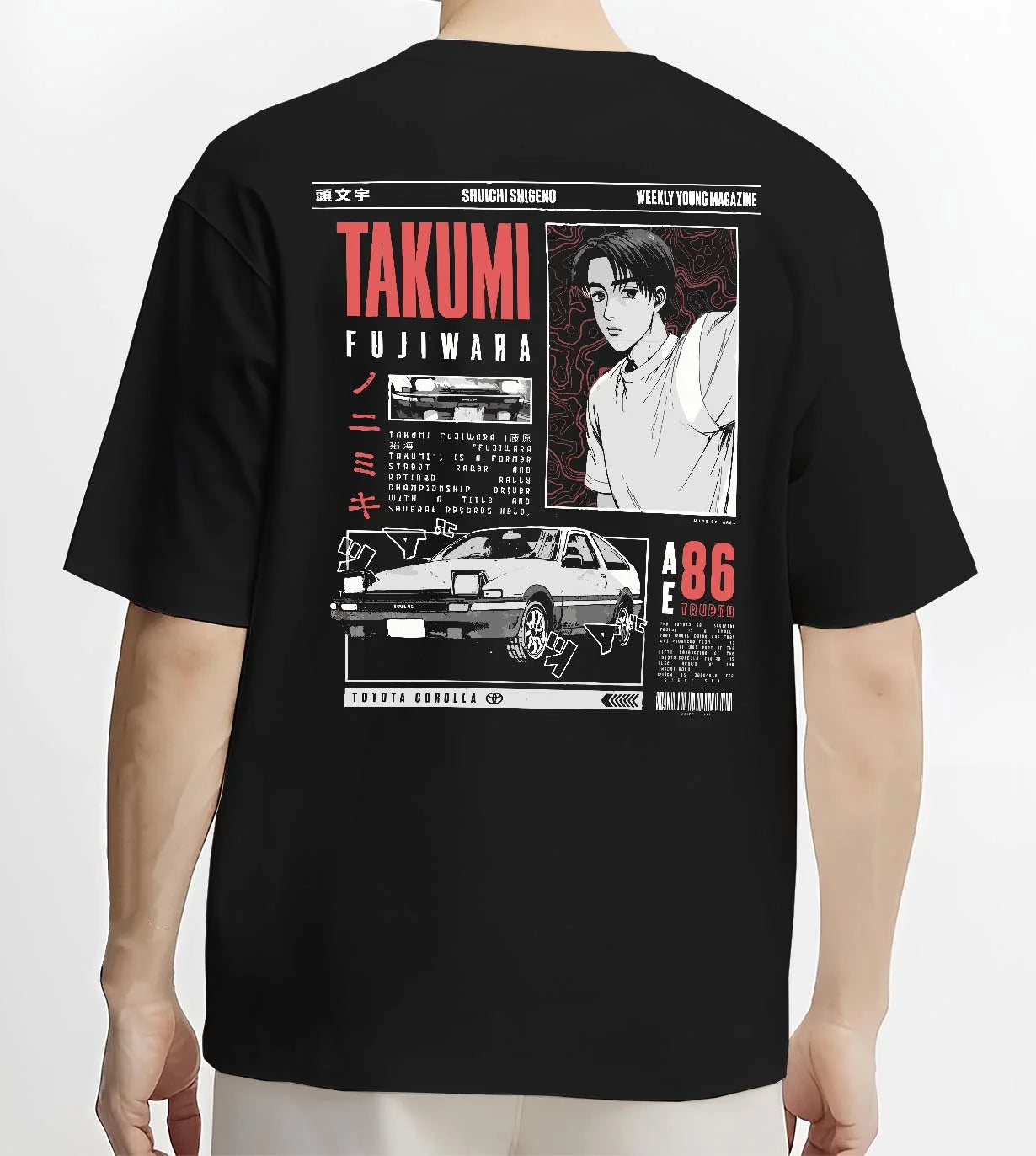 Black T-shirt worn by a male model, back view, featuring AE86 racing drift japanese initial d street retro performance graphic.
