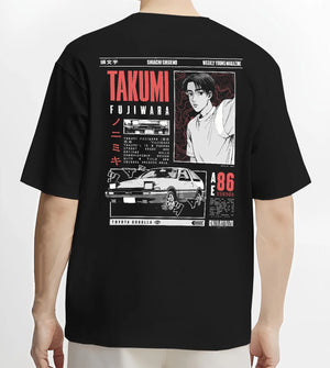 Black T-shirt worn by a male model, back view, featuring AE86 racing drift japanese initial d street retro performance graphic.