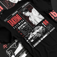 Black T-shirt laid flat with natural fabric folds, featuring AE86 racing drift japanese initial d street retro performance graphic.