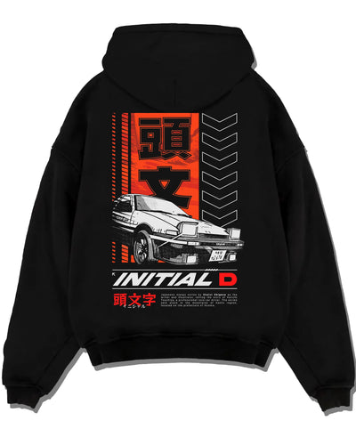 Black pullover hoodie laid flat on a white background, featuring AE86 racing drift jdm japanese initial d street legend graphic.