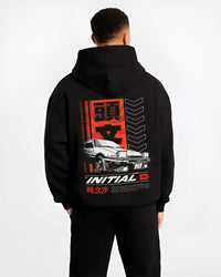 Black hoodie worn by a male model, back view, featuring AE86 racing drift jdm japanese initial d street legend graphic.