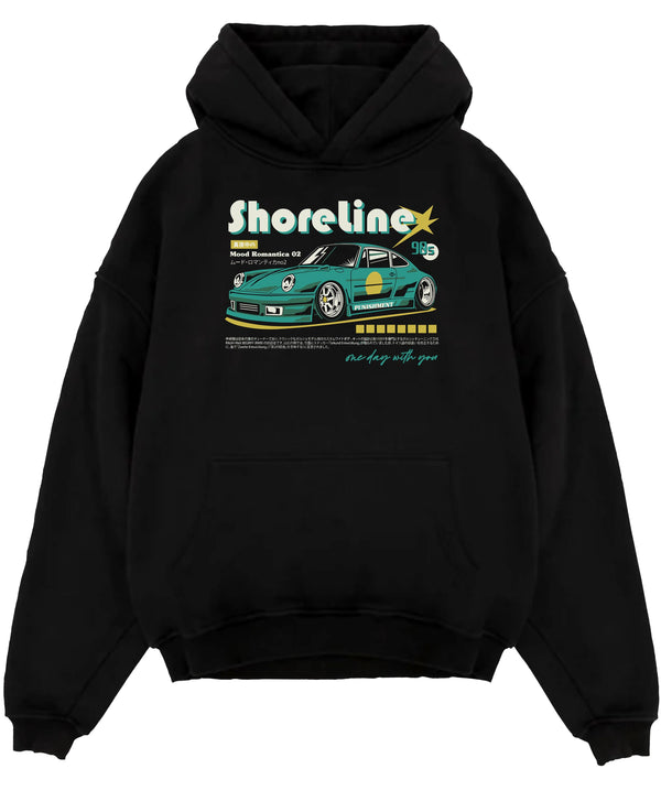 Black pullover hoodie laid flat on a white background, featuring Porsche 911 rs race japanese stance widebody street retro graphic.