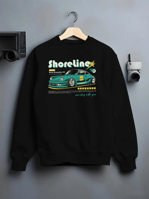 Black crewneck sweatshirt on a hanger against a grey wall, featuring Porsche 911 rs race japanese stance widebody street graphic.