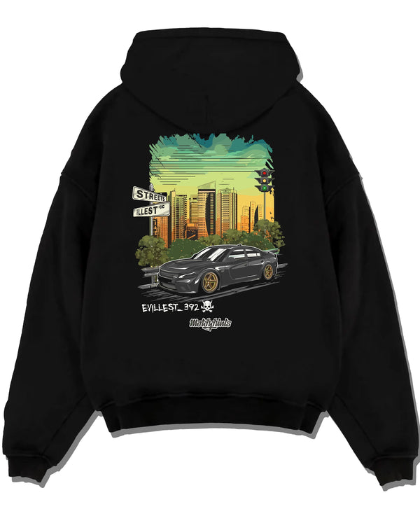 Black pullover hoodie laid flat on a white background, featuring Dodge Charger skyline american muscle street classic graphic.