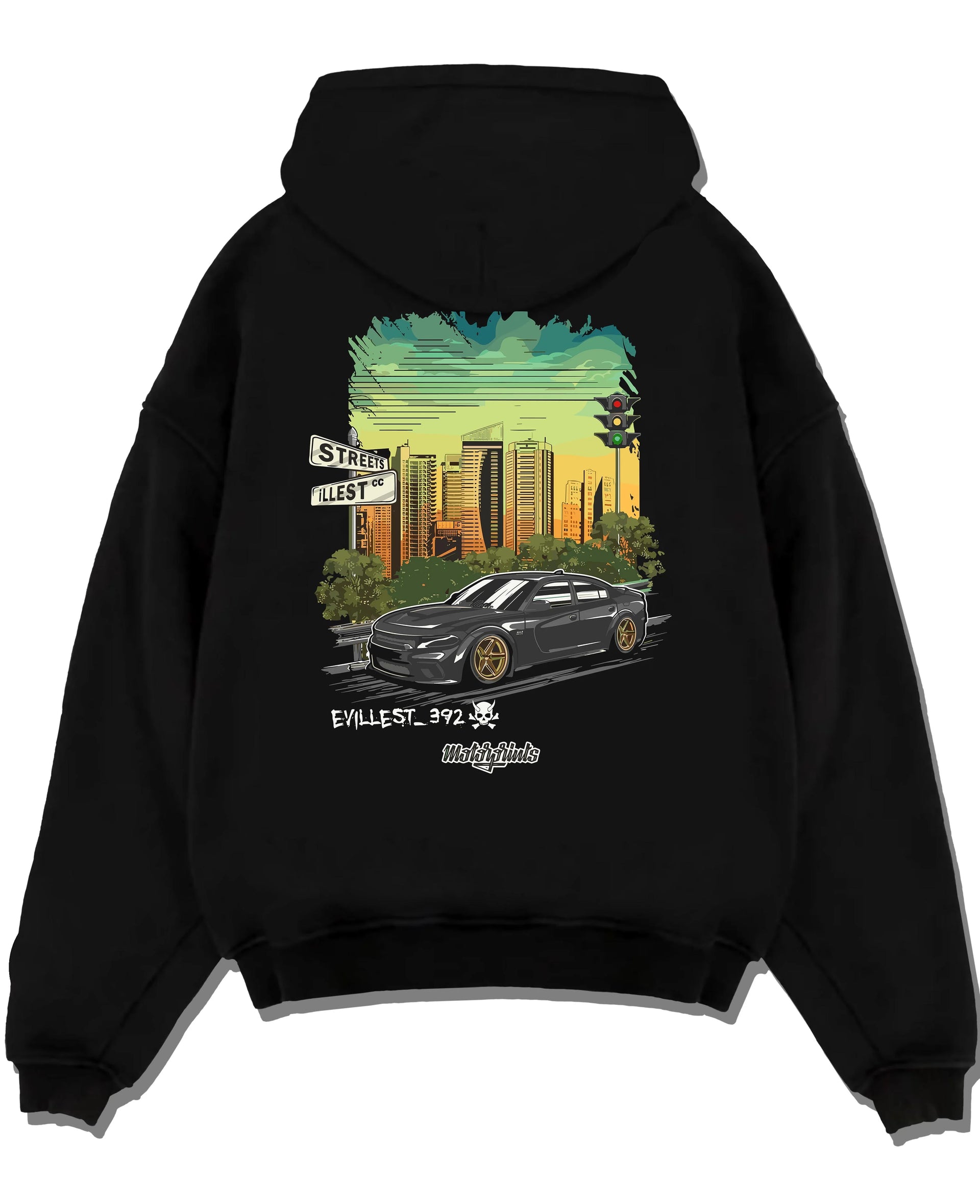 Black pullover hoodie laid flat on a white background, featuring Dodge Charger skyline american muscle street classic graphic.