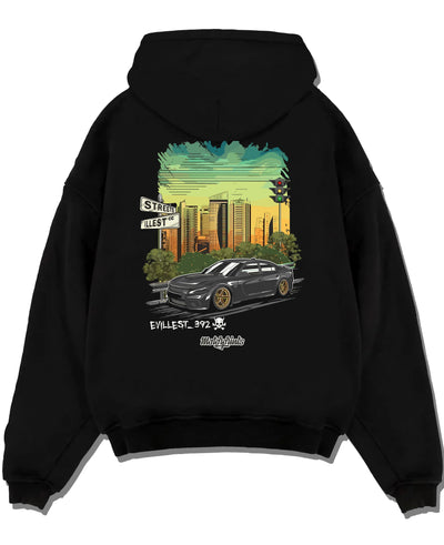 Black pullover hoodie laid flat on a white background, featuring Dodge Charger skyline american muscle street classic graphic.