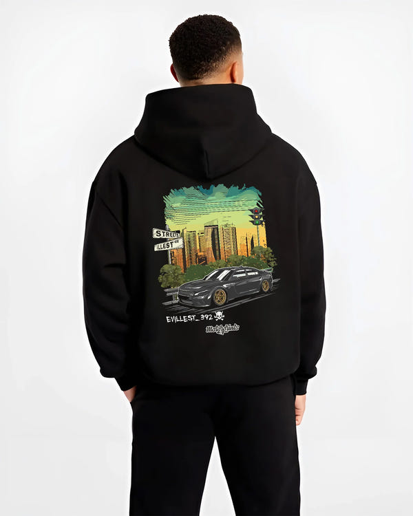 Black hoodie worn by a male model, back view, featuring Dodge Charger skyline american muscle street classic racing graphic.