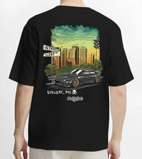 Black T-shirt worn by a male model, back view, featuring Dodge Charger skyline american muscle street classic racing graphic.