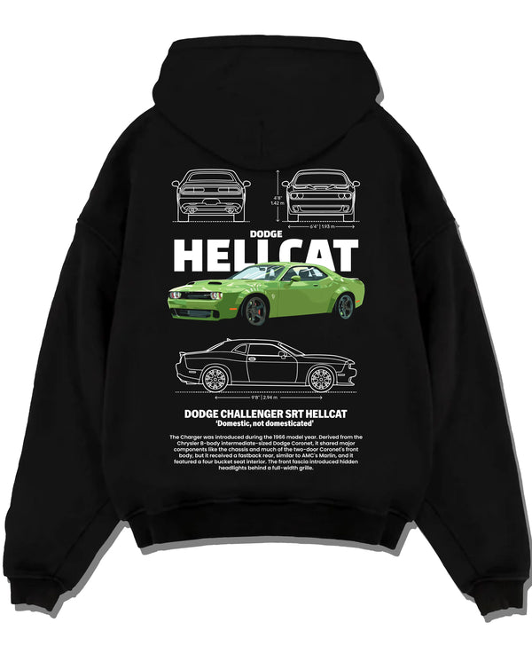 Black pullover hoodie laid flat on a white background, featuring Dodge Hellcat srt challenger muscle street racing graphic.