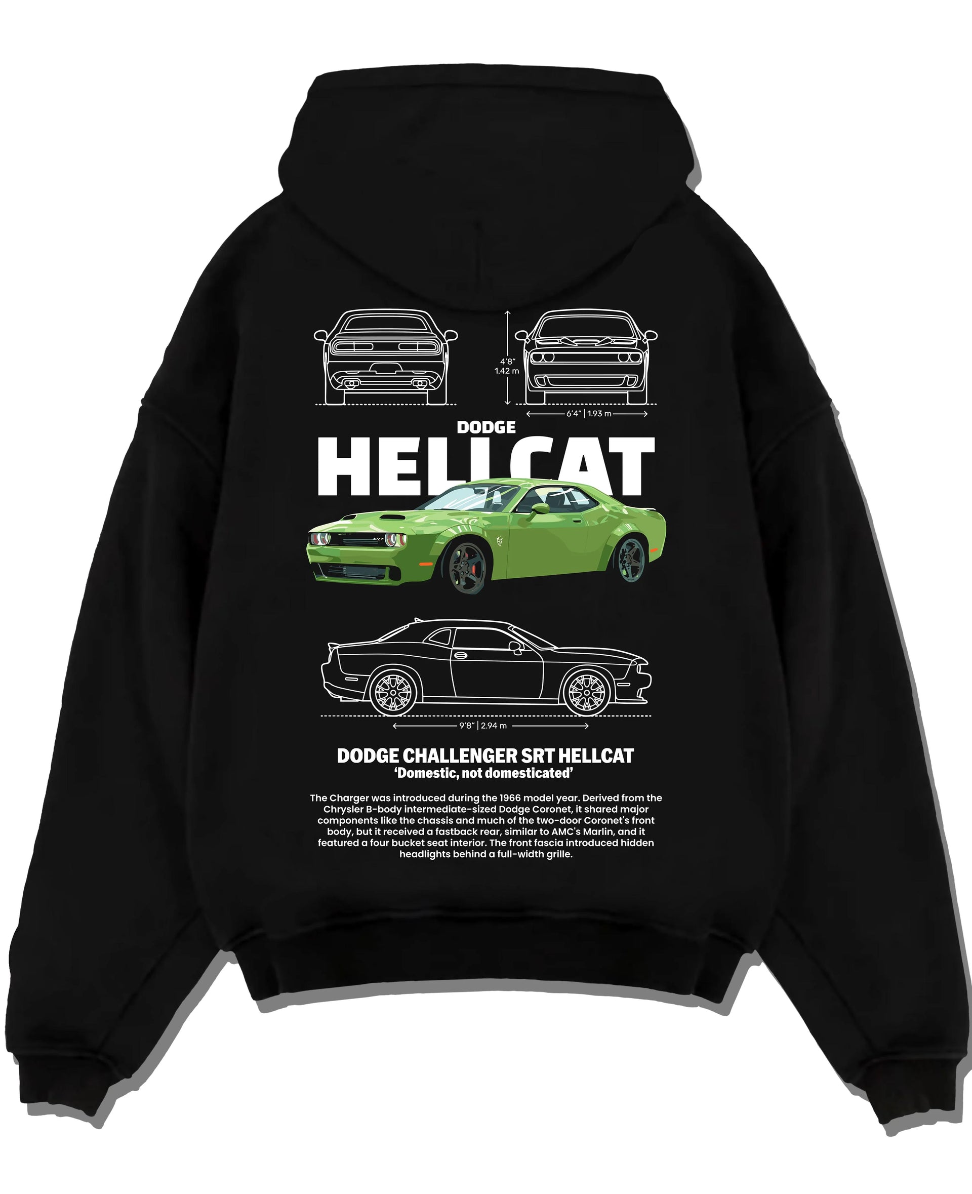 Black pullover hoodie laid flat on a white background, featuring Dodge Hellcat srt challenger muscle street racing graphic.