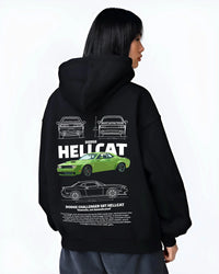 Black hoodie worn by a female model, back view, featuring Dodge Hellcat srt challenger muscle street racing performance graphic.