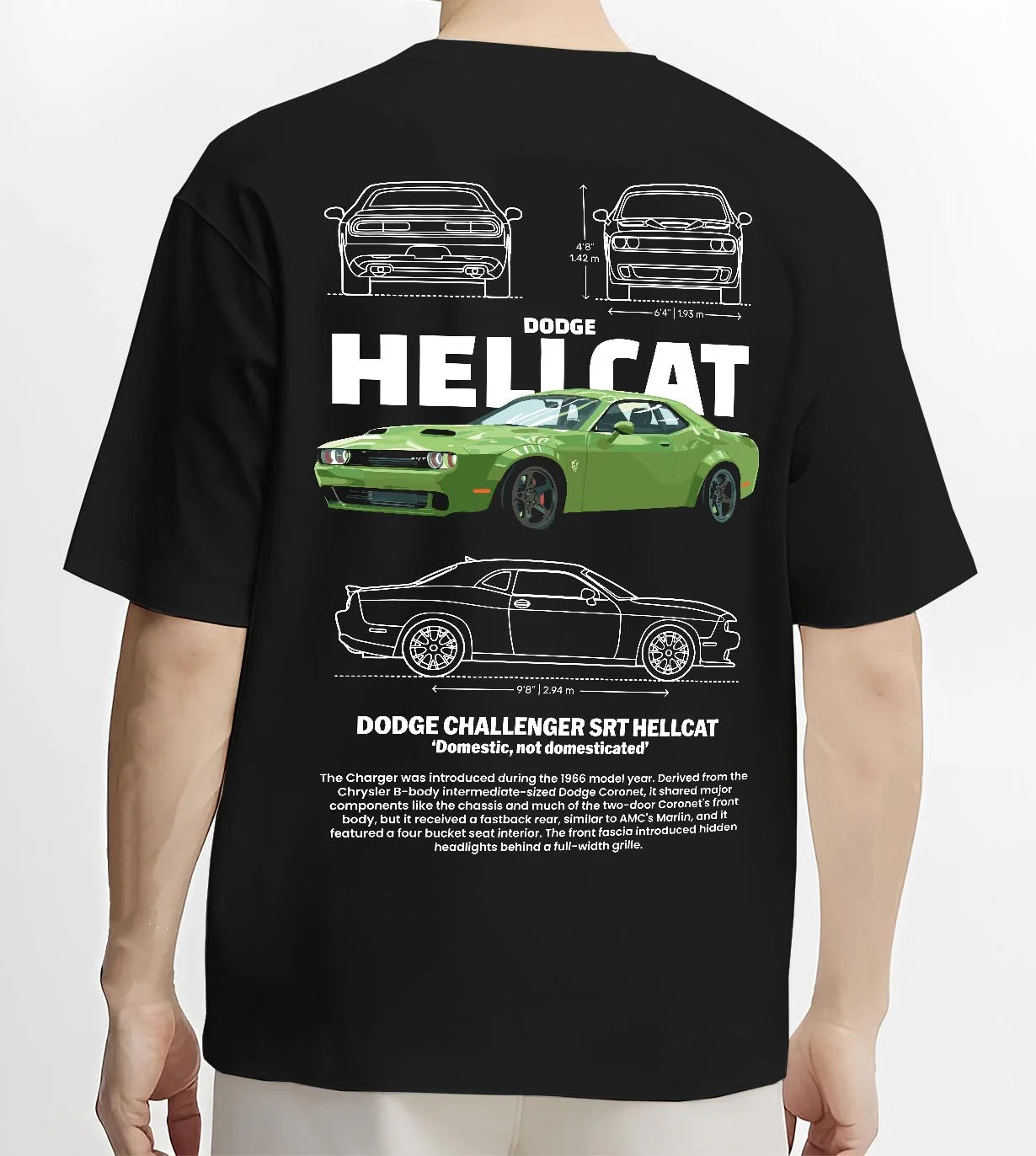 Black T-shirt worn by a male model, back view, featuring Dodge Hellcat srt challenger muscle street racing performance graphic.
