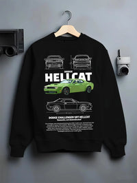 Black crewneck sweatshirt on a hanger against a grey wall, featuring Dodge Hellcat srt challenger muscle street racing graphic.