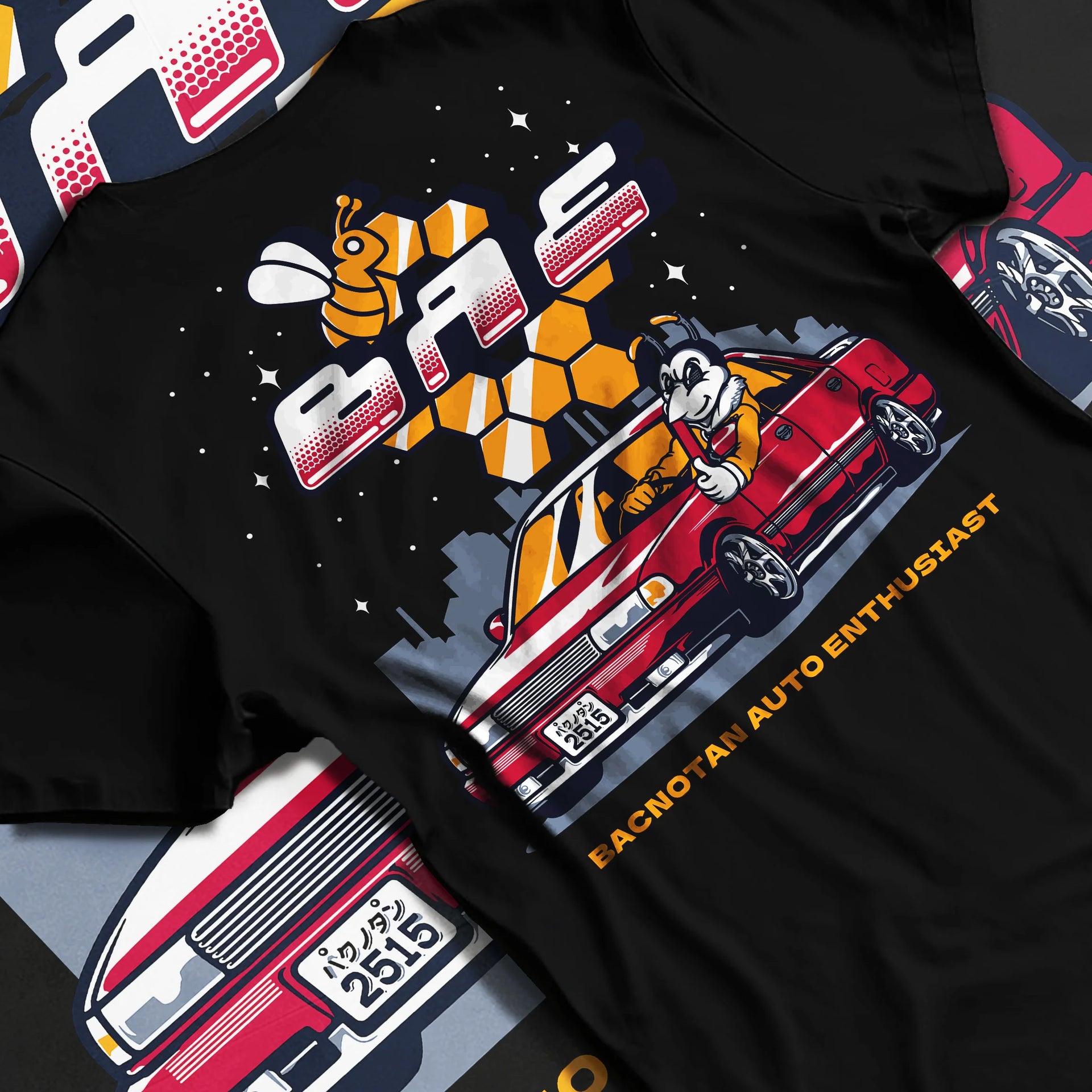 Black T-shirt laid flat with natural fabric folds, featuring street retro enthusiast racing performance motorsport graphic.