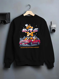 Black crewneck sweatshirt on a hanger against a grey wall, featuring street retro enthusiast racing performance motorsport graphic.