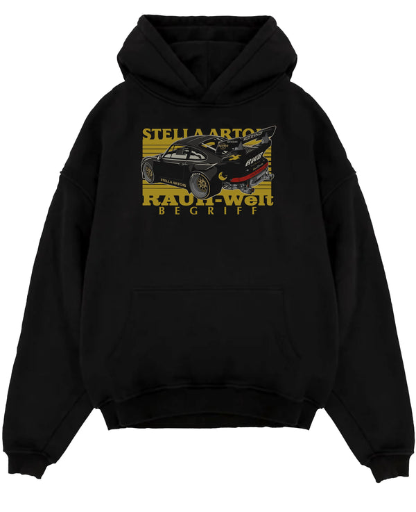 Black pullover hoodie laid flat on a white background, featuring Porsche 911 rs racing jdm stance widebody rwb street graphic.