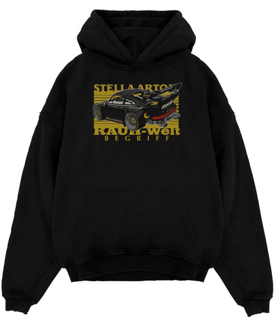 Black pullover hoodie laid flat on a white background, featuring Porsche 911 rs racing jdm stance widebody rwb street graphic.