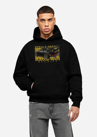 Black hoodie worn by a male model, front view, featuring Porsche 911 rs racing jdm stance widebody rwb street graphic.