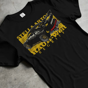 Black T-shirt laid flat with natural fabric folds, featuring Porsche 911 rs racing jdm stance widebody rwb street graphic.