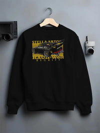 Black crewneck sweatshirt on a hanger against a grey wall, featuring Porsche 911 rs racing jdm stance widebody rwb street graphic.
