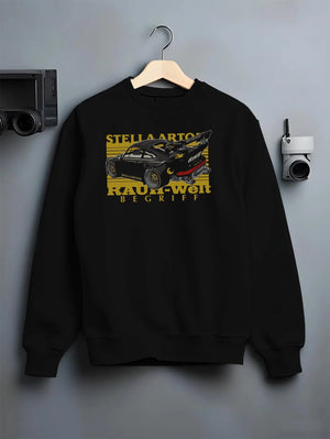 Black crewneck sweatshirt on a hanger against a grey wall, featuring Porsche 911 rs racing jdm stance widebody rwb street graphic.