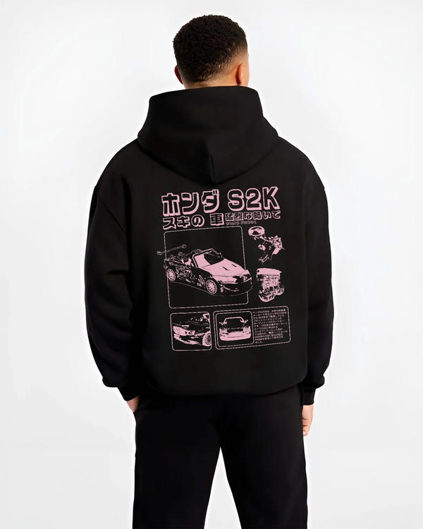 Black hoodie worn by a male model, back view, featuring Honda S2000 jdm japanese street retro racing performance graphic.