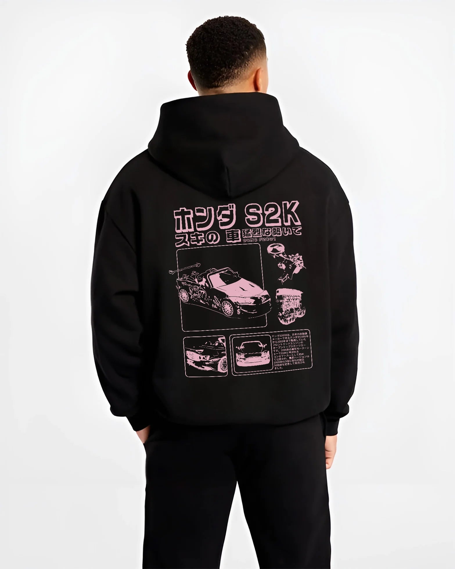 Black hoodie worn by a male model, back view, featuring Honda S2000 jdm japanese street retro racing performance graphic.