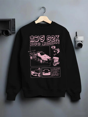 Black crewneck sweatshirt on a hanger against a grey wall, featuring Honda S2000 jdm japanese street retro racing graphic.