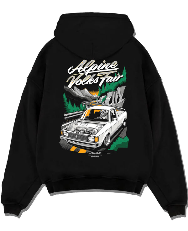 Black pullover hoodie laid flat on a white background, featuring Volkswagen street retro racing performance motorsport graphic.