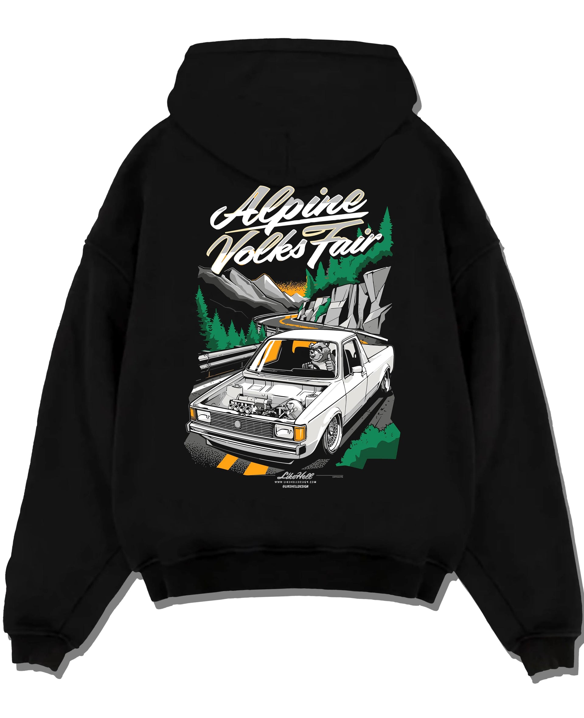 Black pullover hoodie laid flat on a white background, featuring Volkswagen street retro racing performance motorsport graphic.