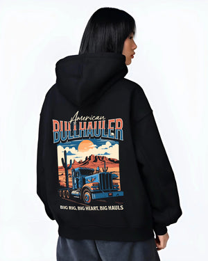 Black hoodie worn by a female model, back view, featuring american street classic racing performance motorsport automotive graphic.